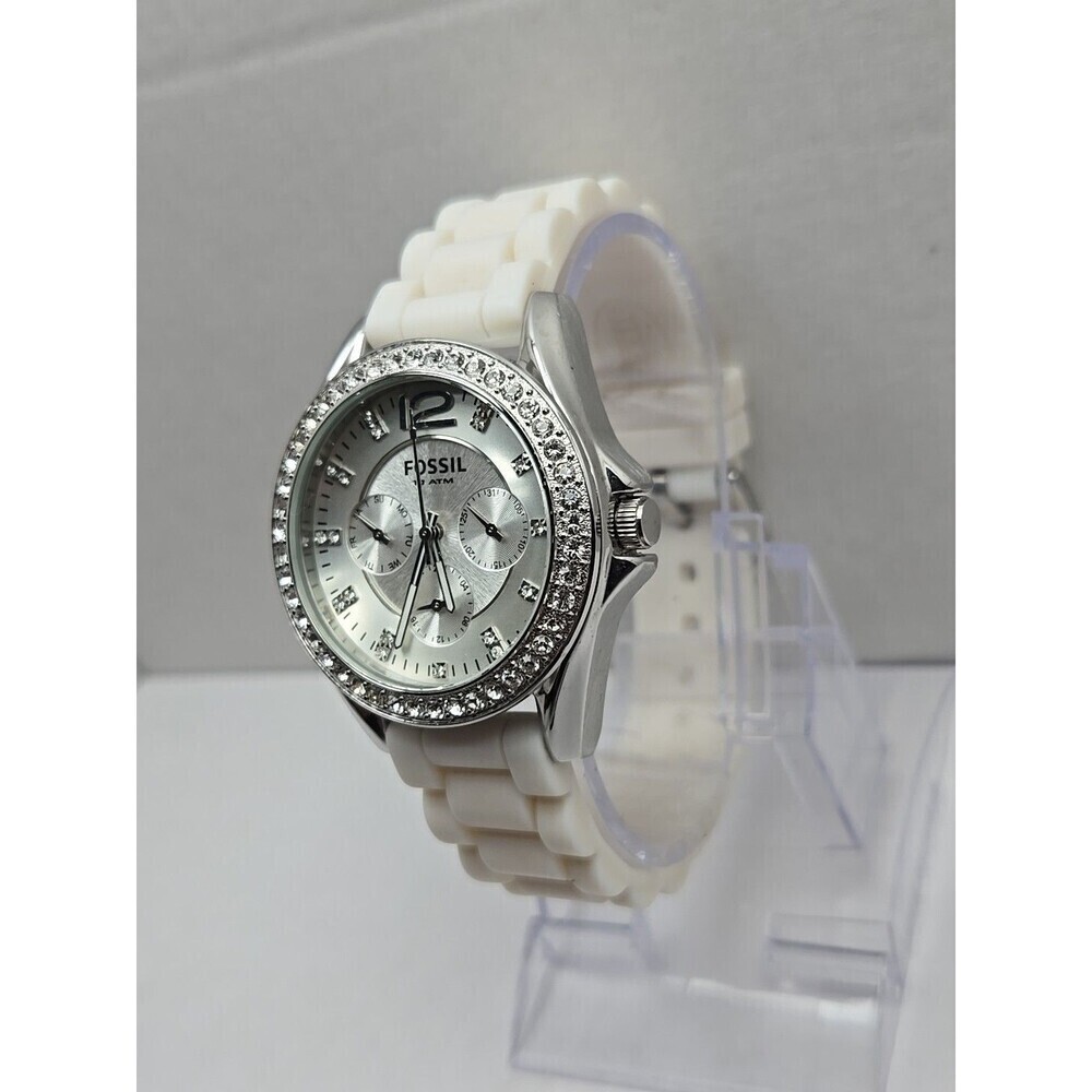 Fossil Riley Womens 40mm Watch White Silicone Glitz Bezel Quartz New Battery WR - Picture 2 of 10